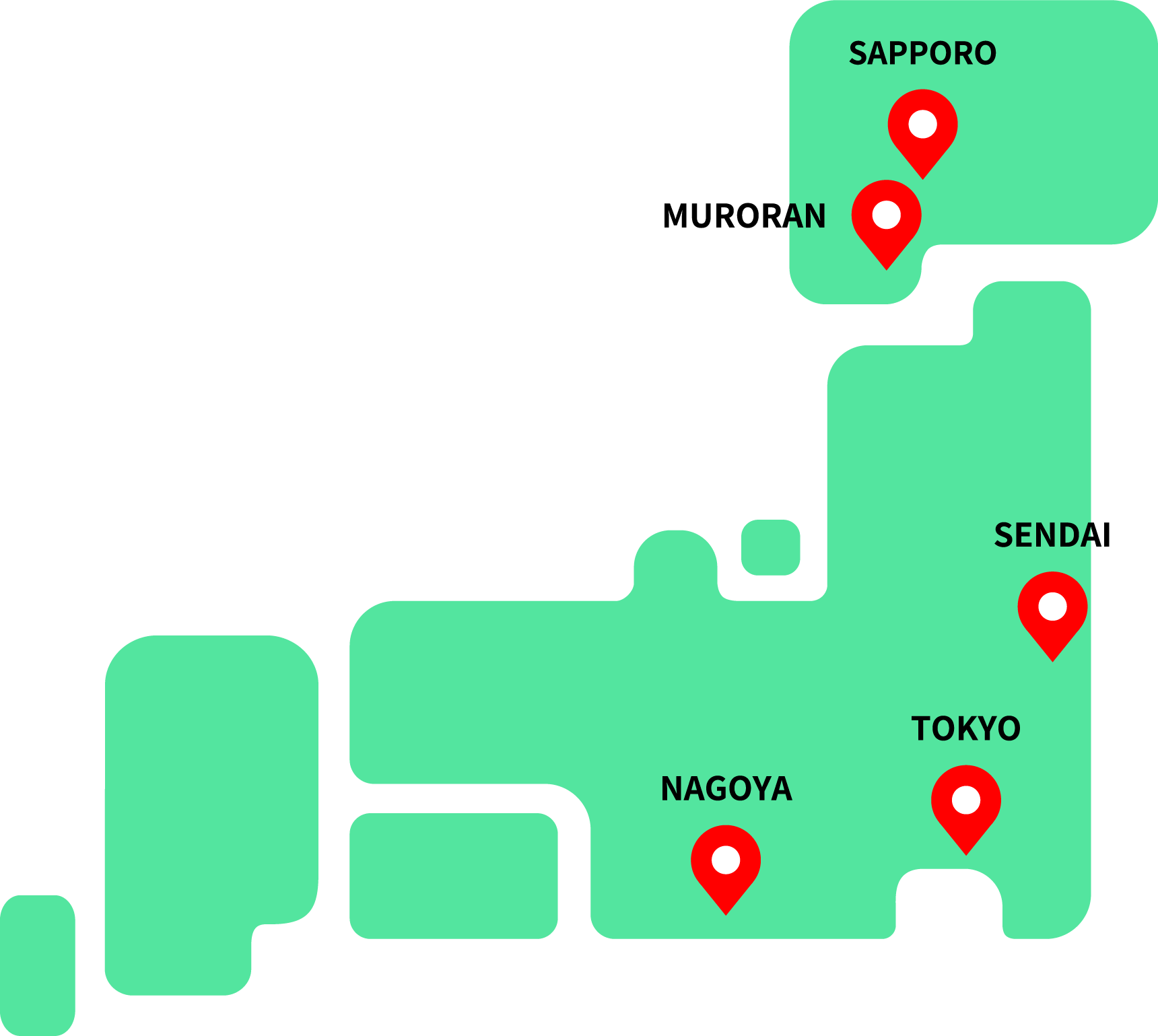 試験会場所在地マップ(札幌、室蘭、仙台、東京、名古屋)